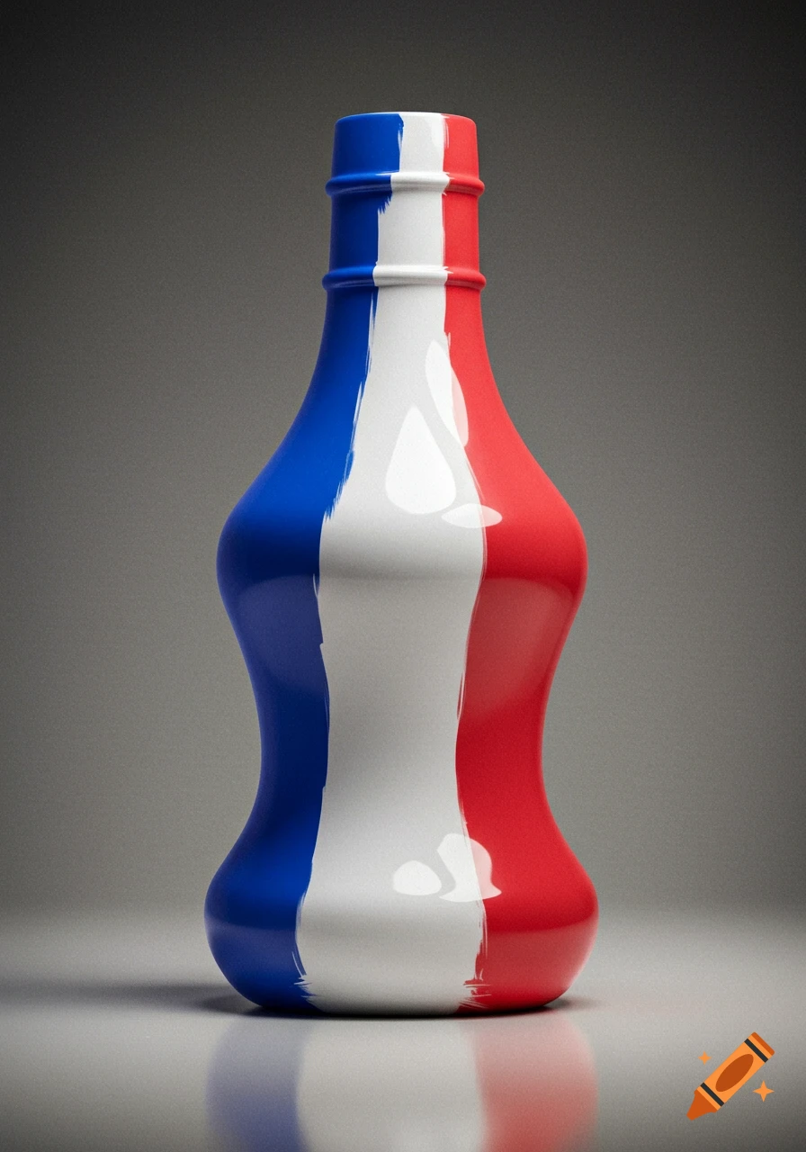 A photorealistic image of a curvaceous bottle painted with the blue, white, and red vertical stripes of the French flag, reflecting on a gray surface.