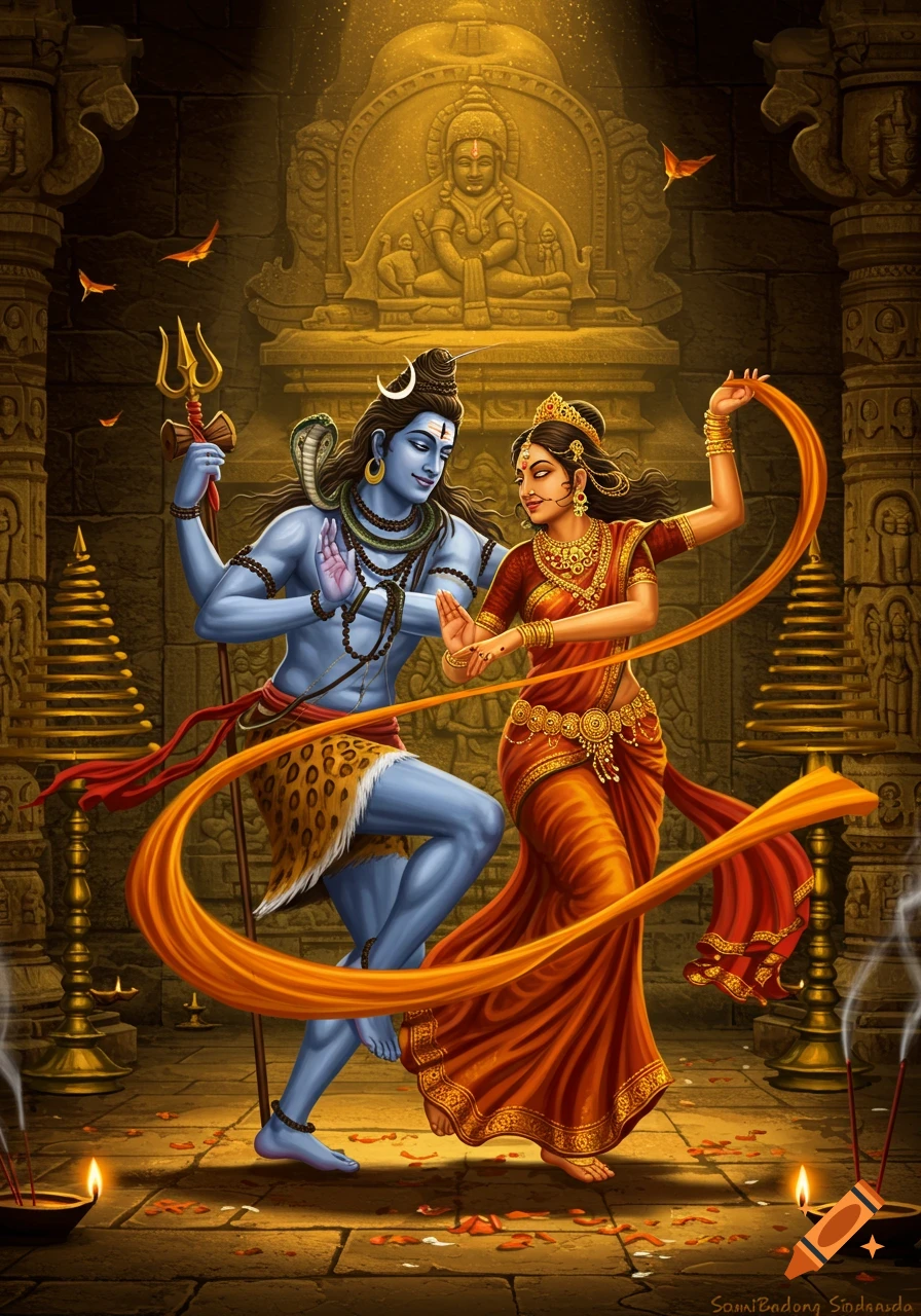 Blue-skinned Shiva with a trident and Parvati in a red sari dance in a golden temple with a seated deity statue.
