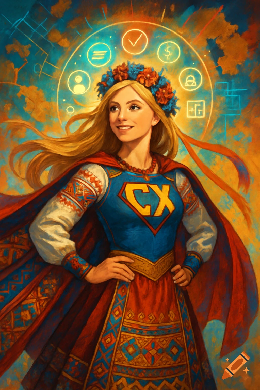 A blonde woman in a superhero suit with 'CX' on her chest and a Ukrainian flower crown, surrounded by glowing icons, in a painterly style.