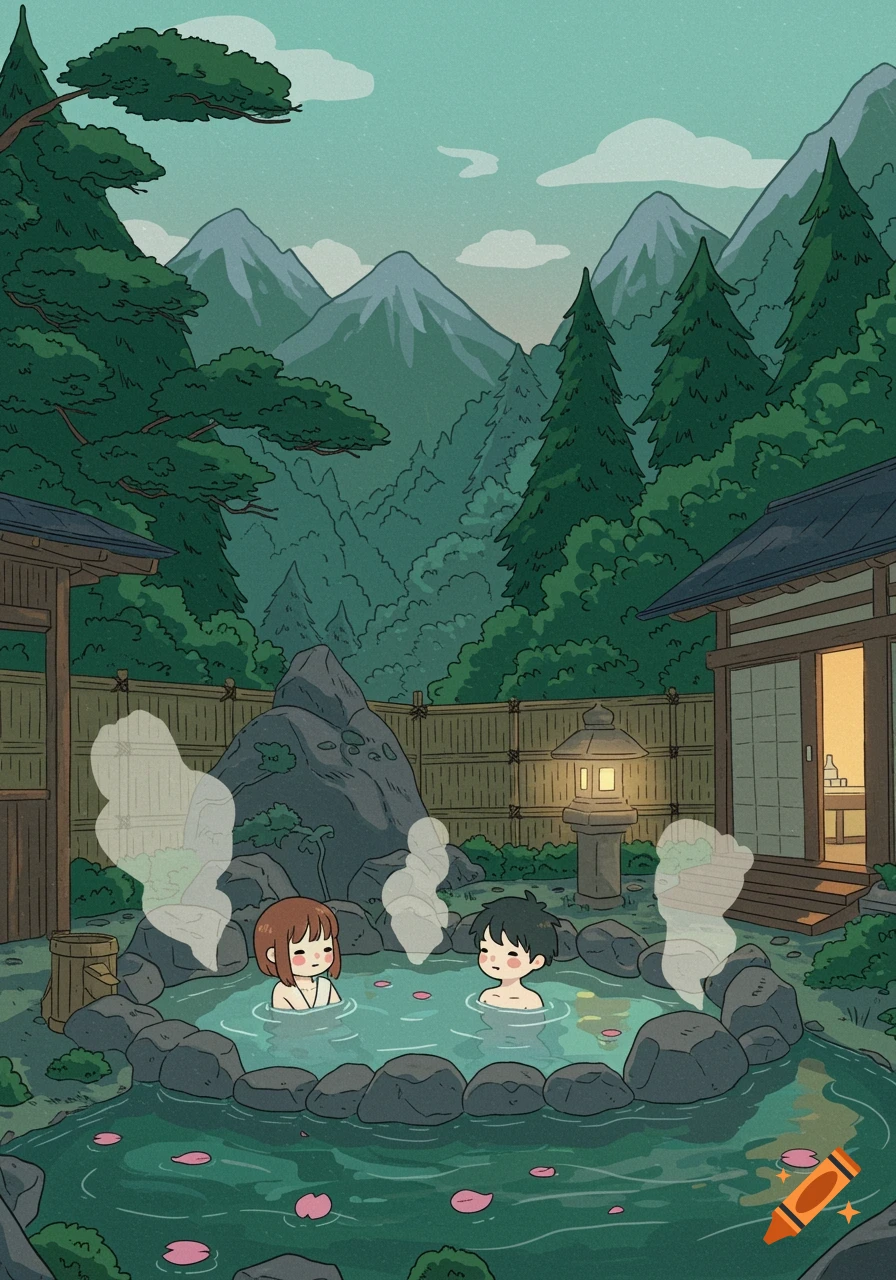 Anime illustration of a boy and girl relaxing in an outdoor onsen with steam, surrounded by mountains and trees.