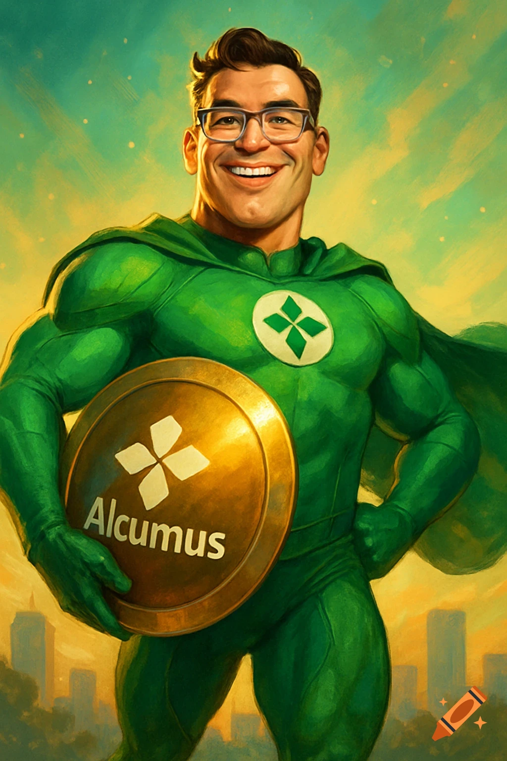 Smiling male superhero in a green suit and glasses, holding a shield with the Alcumus logo, against a sky background, illustration.