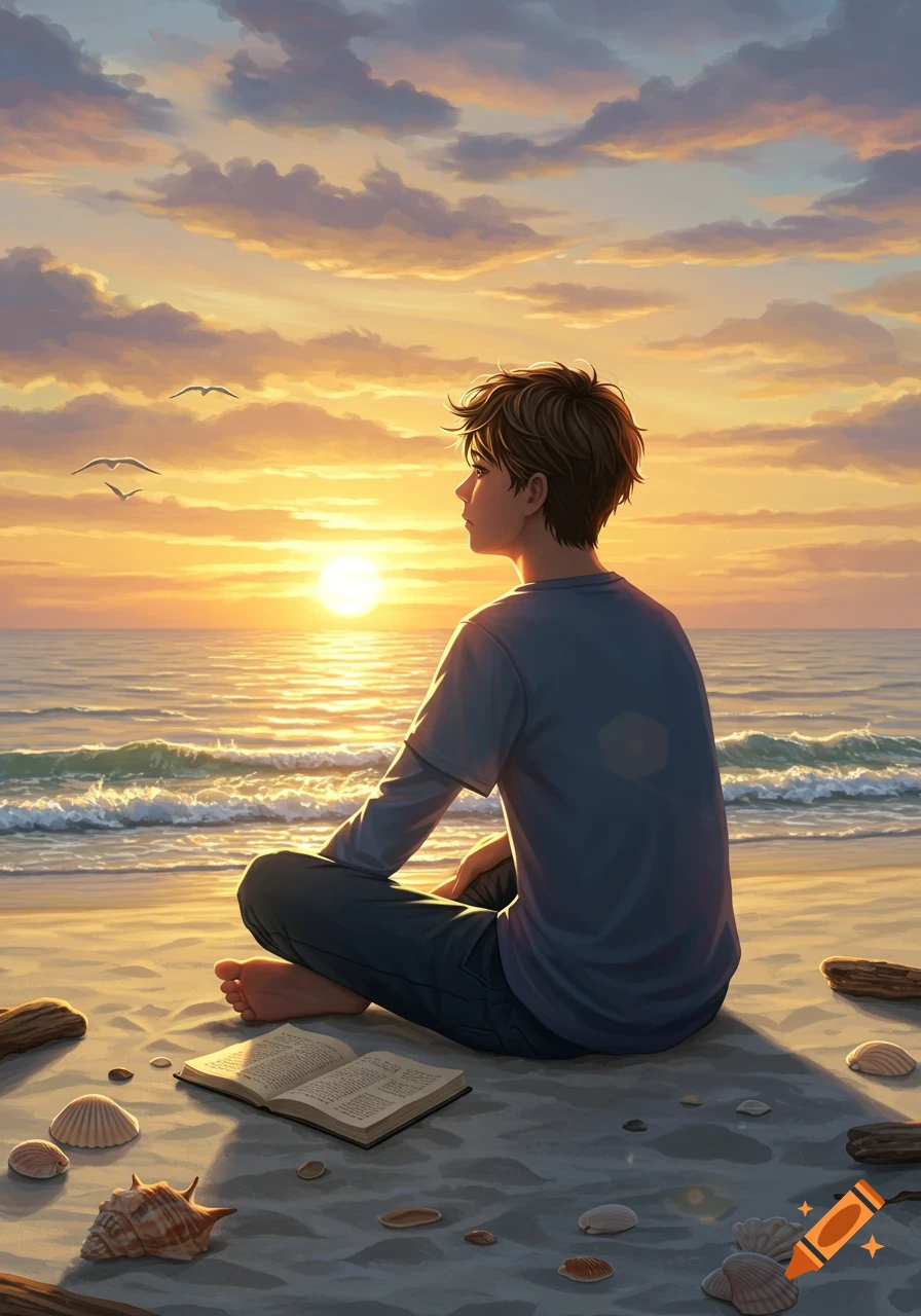 An anime boy sits on a sandy beach at sunset, looking out at the ocean with an open book nearby.