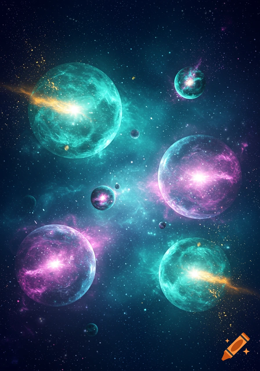 Multiple vibrant teal and purple glowing orbs and spheres float among stars and nebulae in a dark cosmic space.