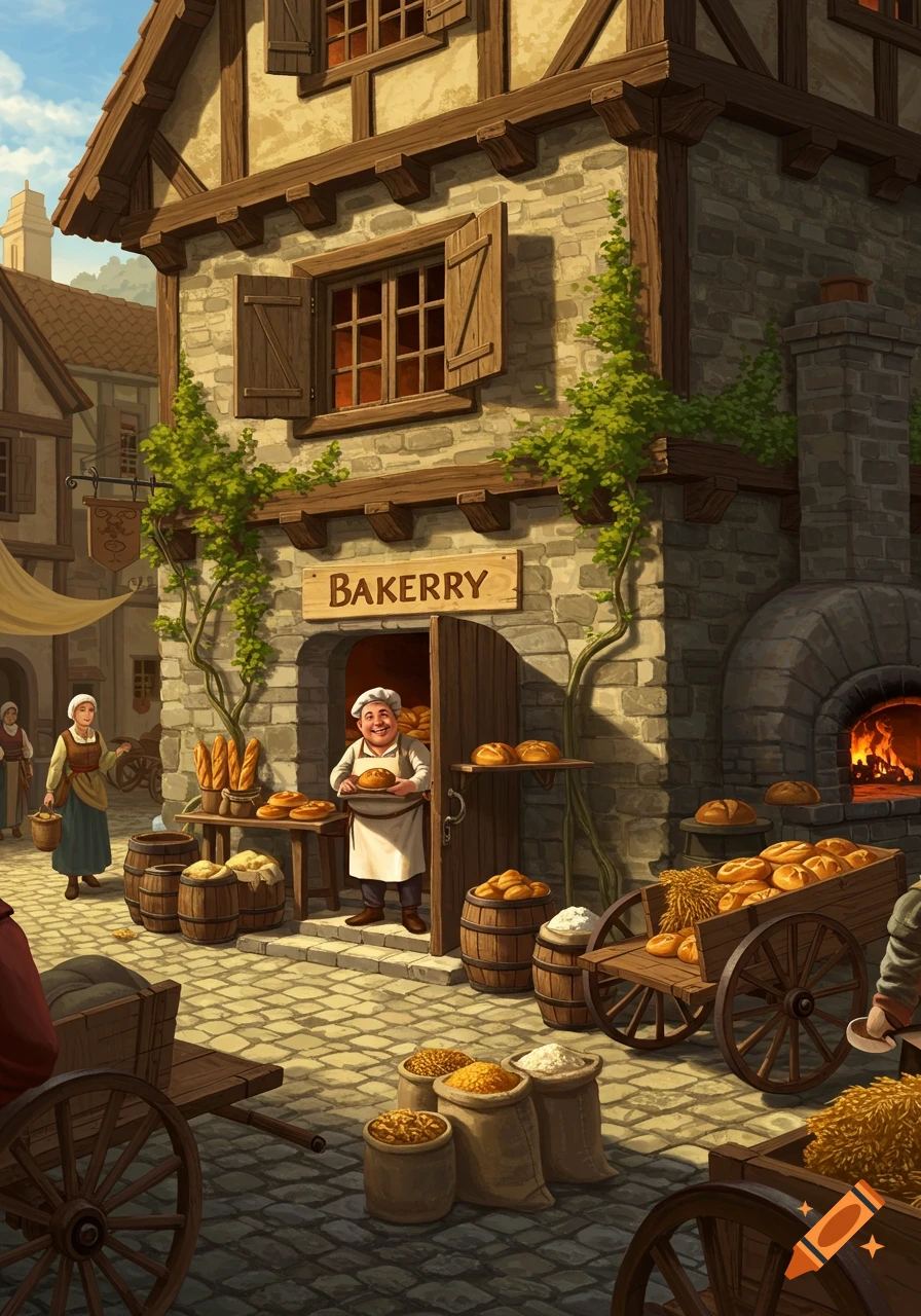 A cheerful baker stands in the doorway of a medieval-style bakery, offering a loaf of bread to customers. The street is busy with people, carts, and sacks of grain, all under a blue sky.