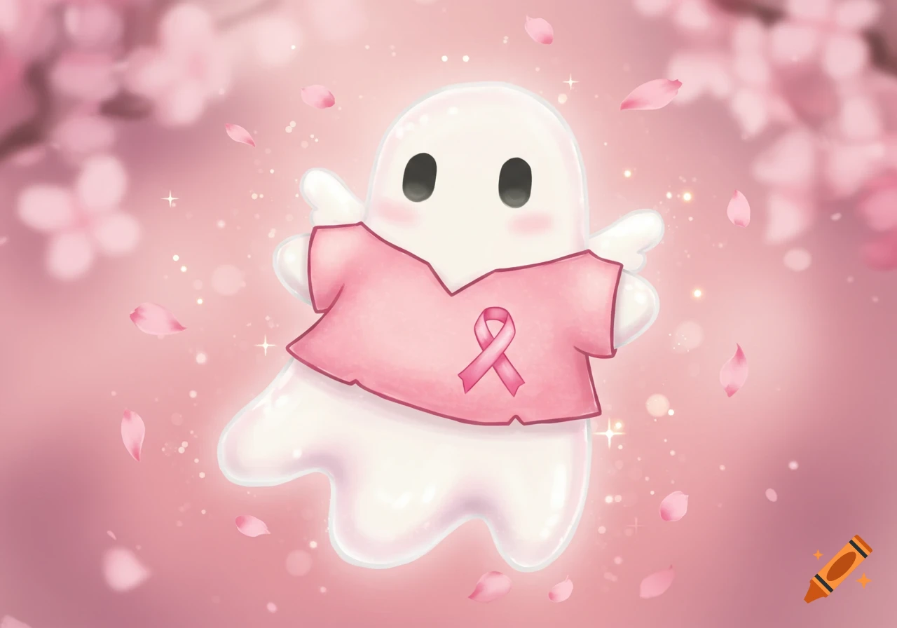 A cute, shimmering ghost in a pink t-shirt with a breast cancer ribbon floats among pink cherry blossoms and sparkles, whimsical illustration.