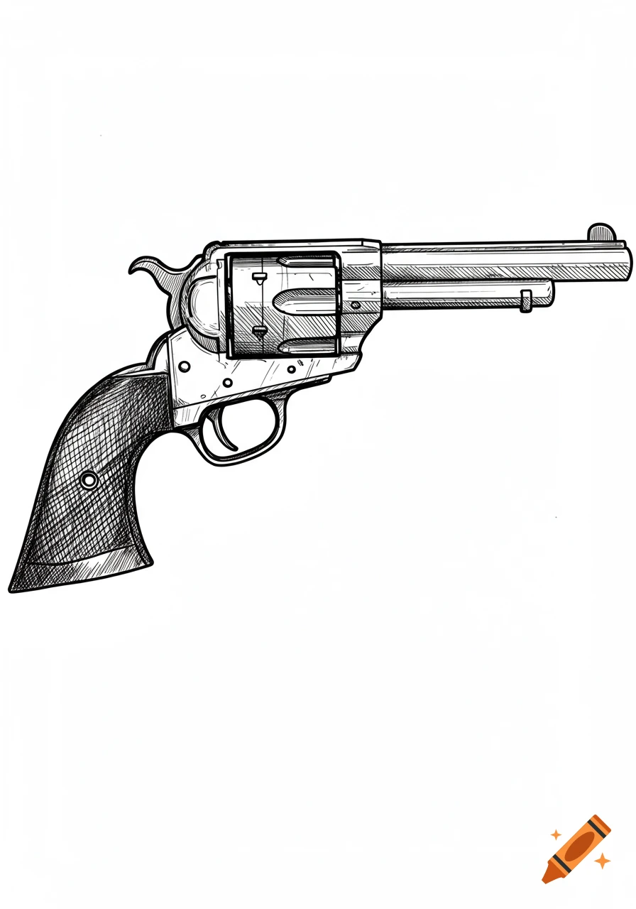Black and white sketch drawing of a revolver.
