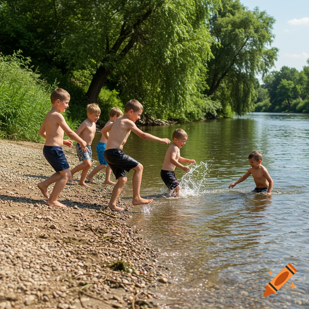 Photorealistic image of shirtless boys in swim trunks playing by a river on a sunny day.