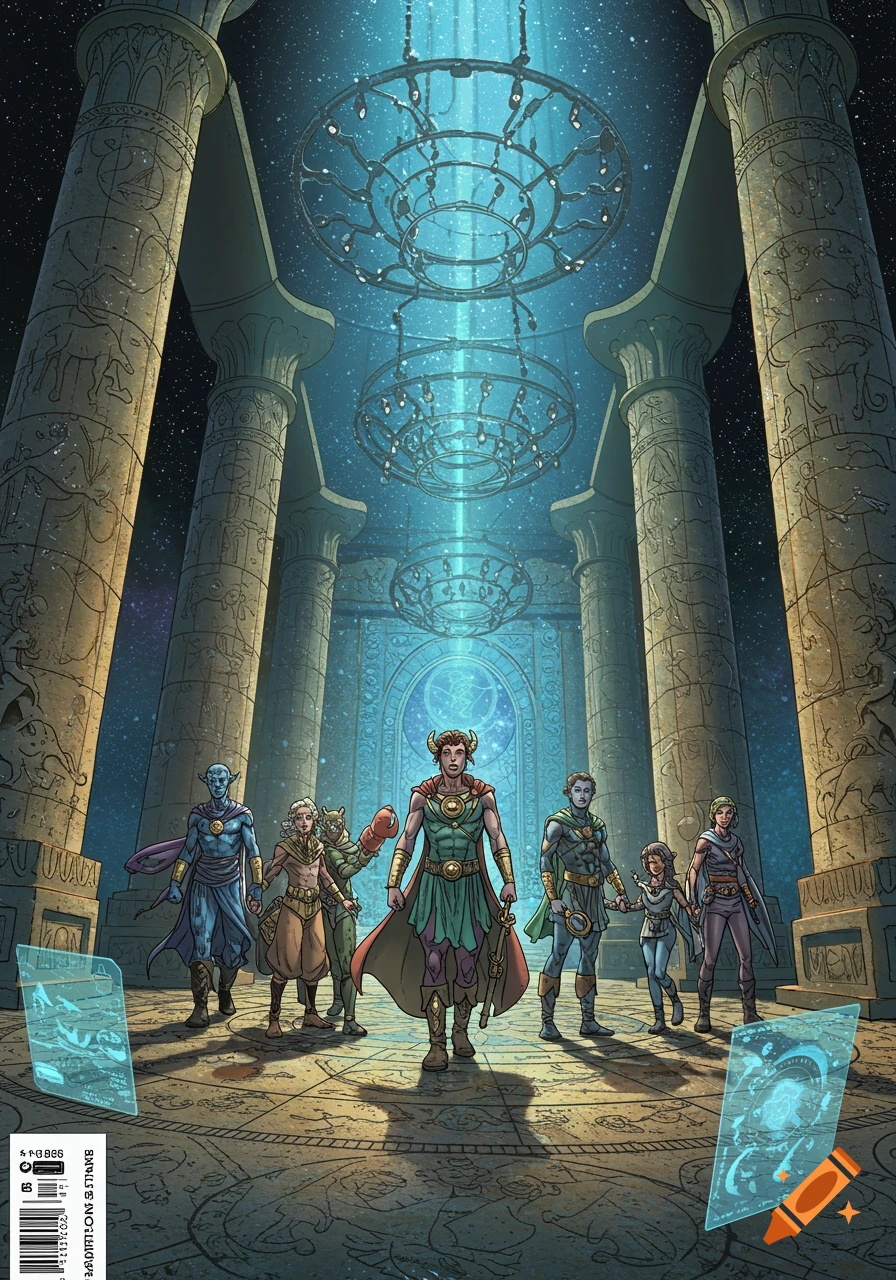 Comic book art of diverse characters standing in a vast, ornate temple with tall columns, glowing chandeliers, and a starry sky ceiling.