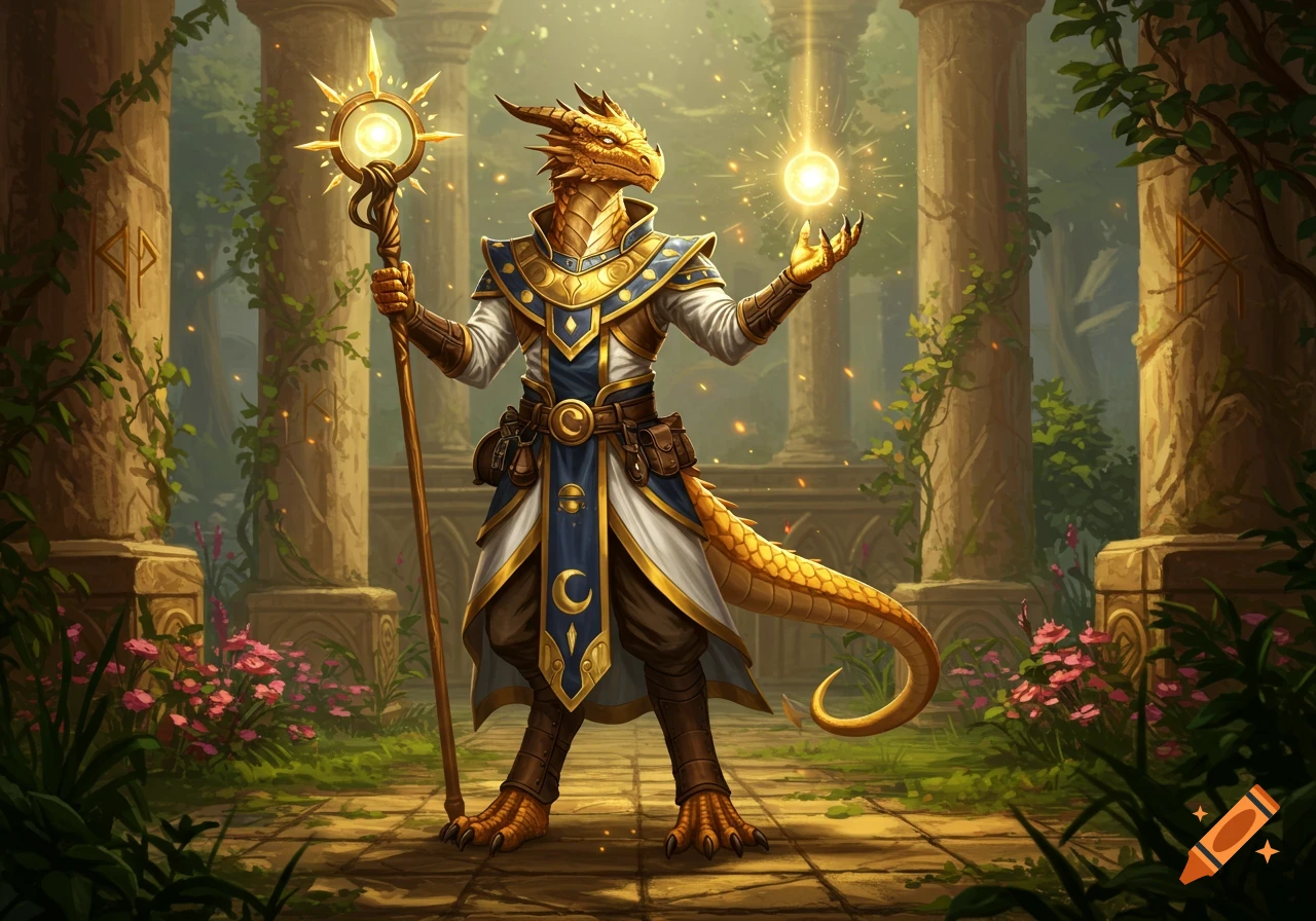 A golden dragonborn cleric in white and blue robes holds a glowing staff and conjures an orb of light in ancient temple ruins.