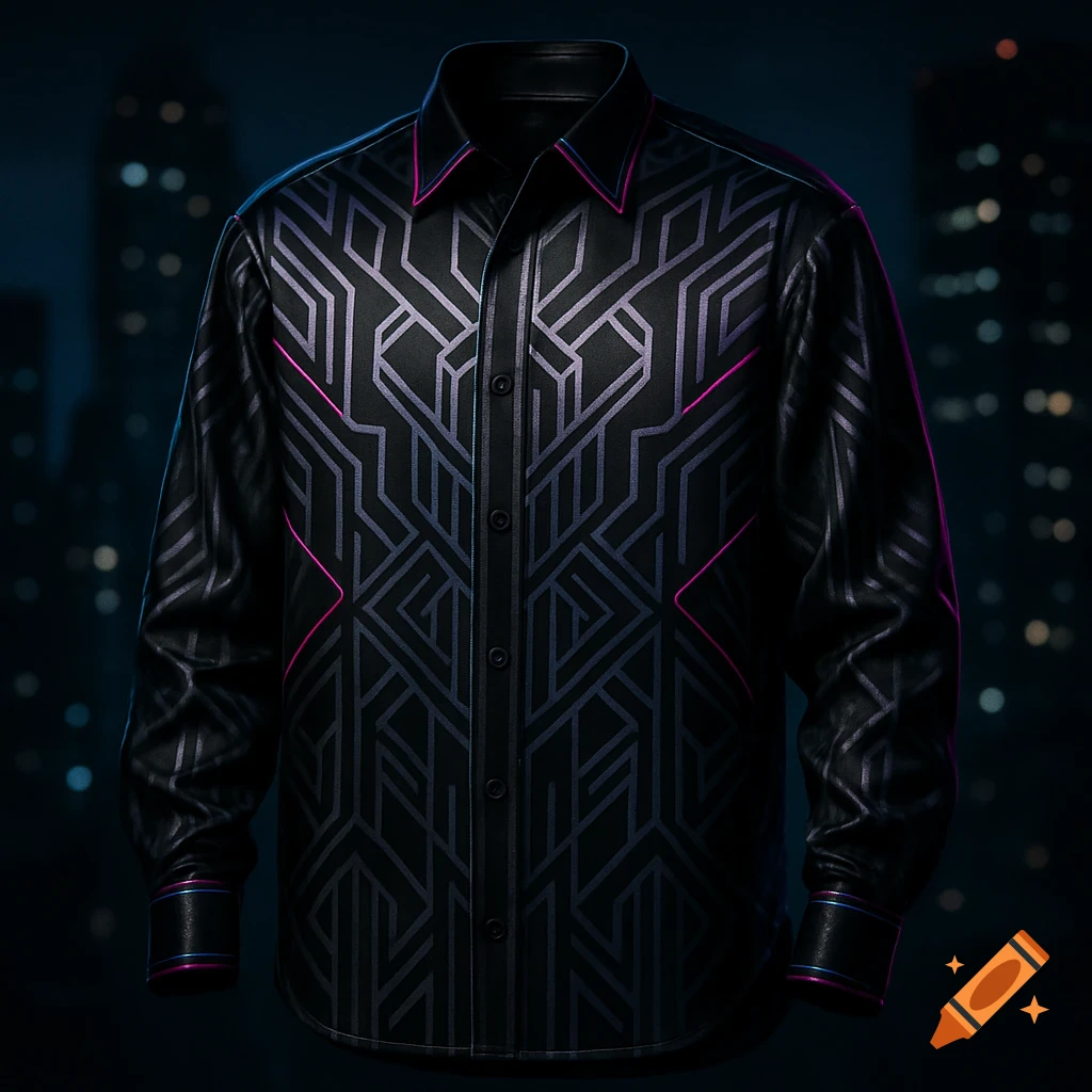 A photorealistic black long-sleeved shirt with glowing purple and pink geometric patterns against a blurred night city skyline.