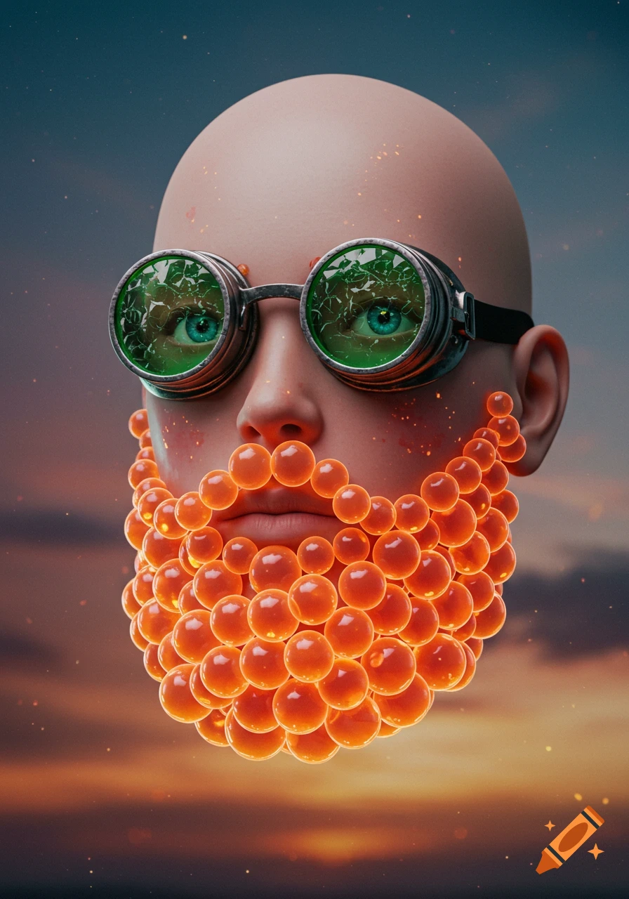 A surreal bald human head floats, featuring an orange bubble beard, green cracked goggles, and blue eyes, against a hazy sky.