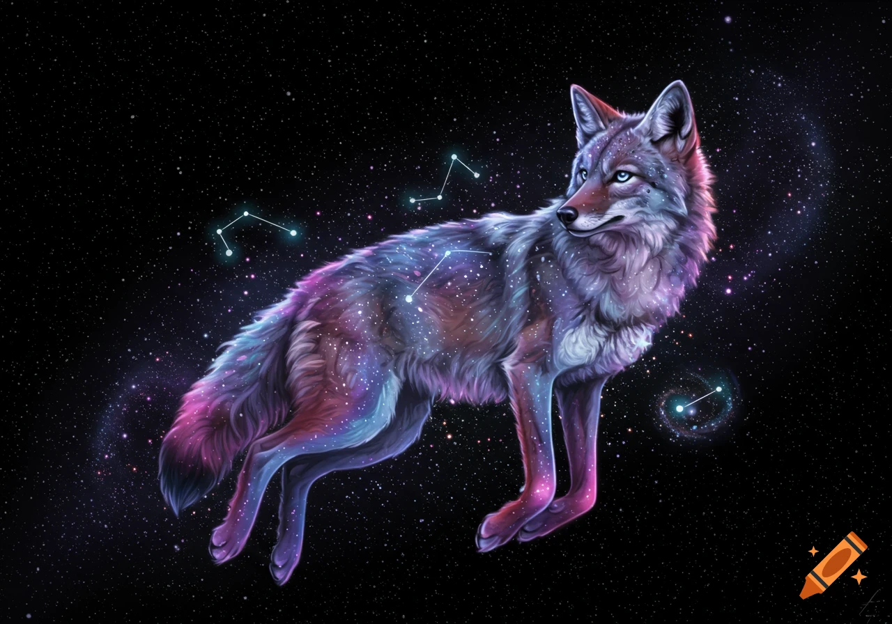 A colorful, ethereal coyote with a galaxy-like fur pattern stands in deep space, surrounded by stars and constellations.
