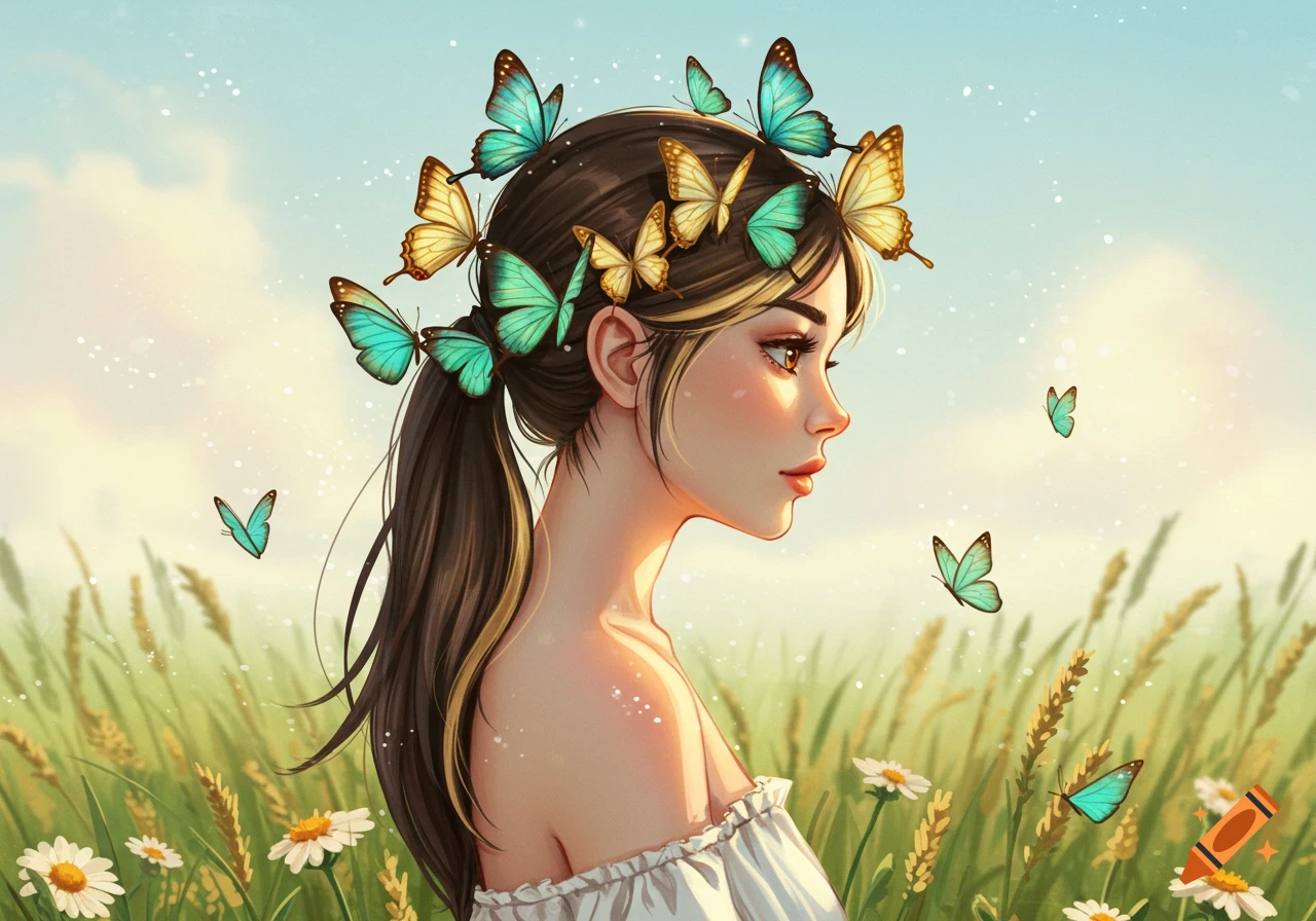 Digital illustration of a girl with a butterfly crown and ponytail, looking right in a sunny field with daisies.