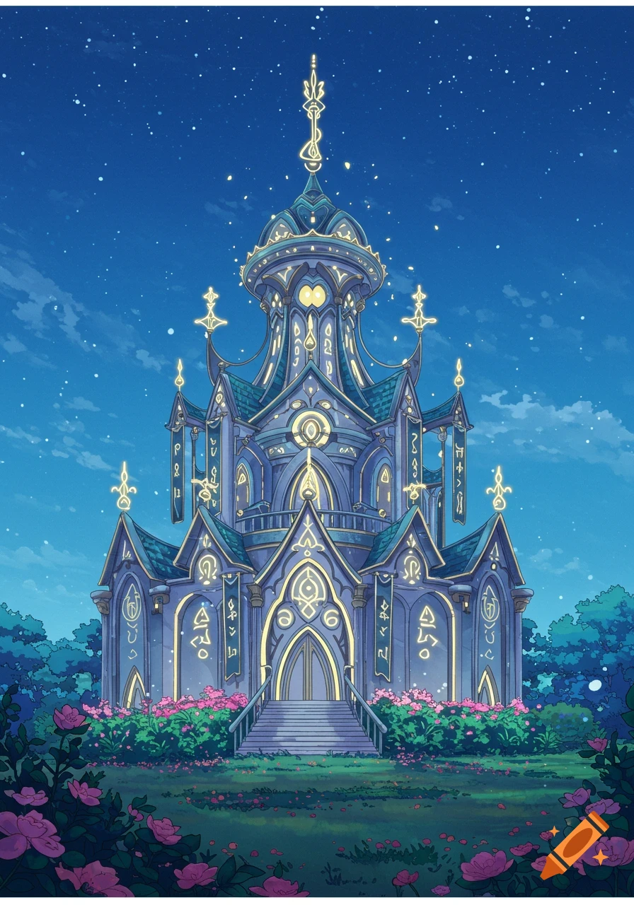 An ornate, blue-hued fantasy castle with glowing golden details and decorative symbols, surrounded by pink flowers under a starry night sky in an anime style.