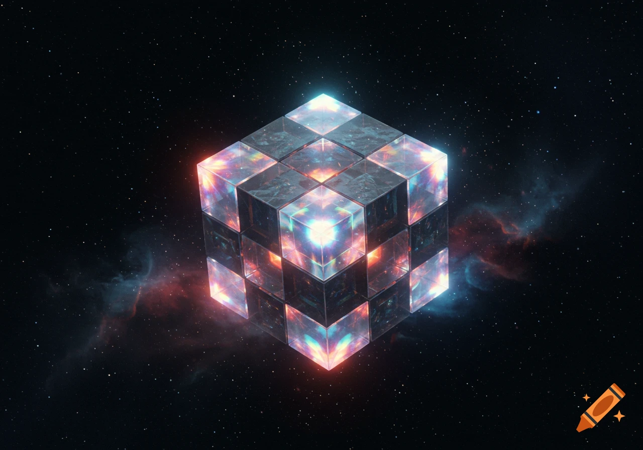 A luminous, iridescent segmented cube floats in a dark, star-filled space with colorful nebulae.