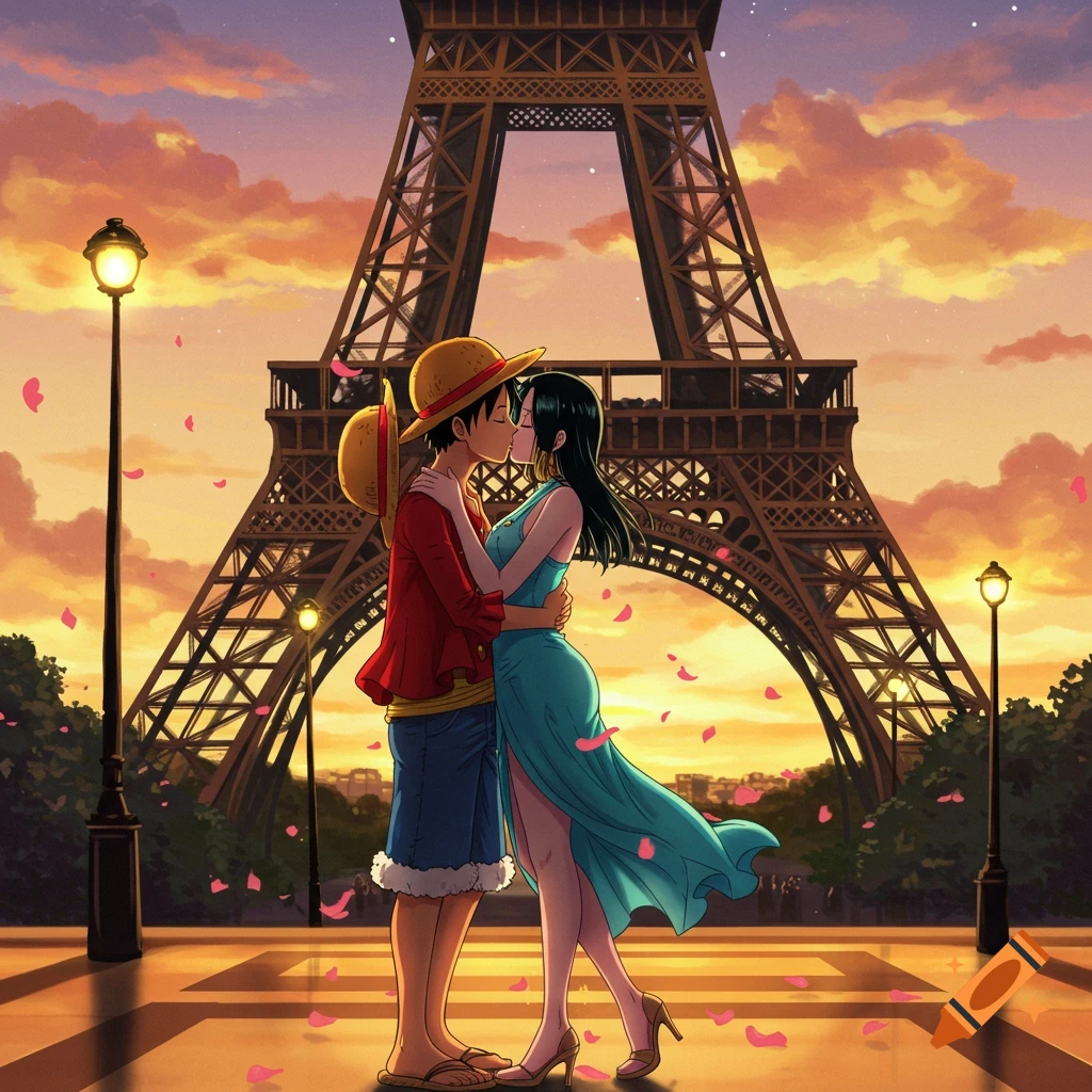Anime characters Luffy and Hancock kiss in front of the Eiffel Tower at sunset with falling pink petals.