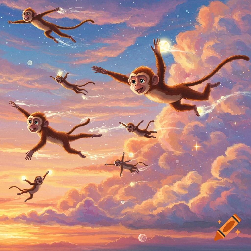 Cartoon monkeys fly happily through a vibrant, star-filled sunset sky with fluffy clouds.