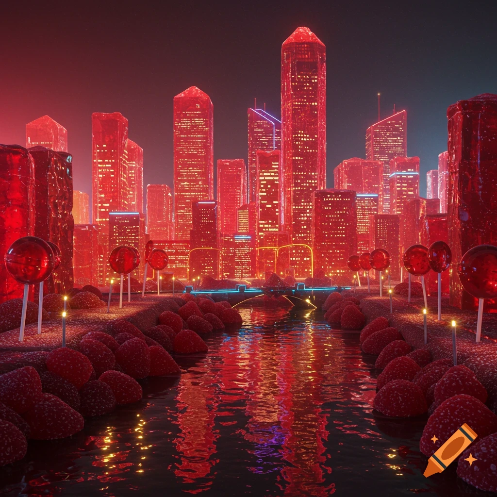 A vibrant, hyperrealistic cityscape made of red translucent candy and lollipops, with a reflective river of melted strawberry candy.