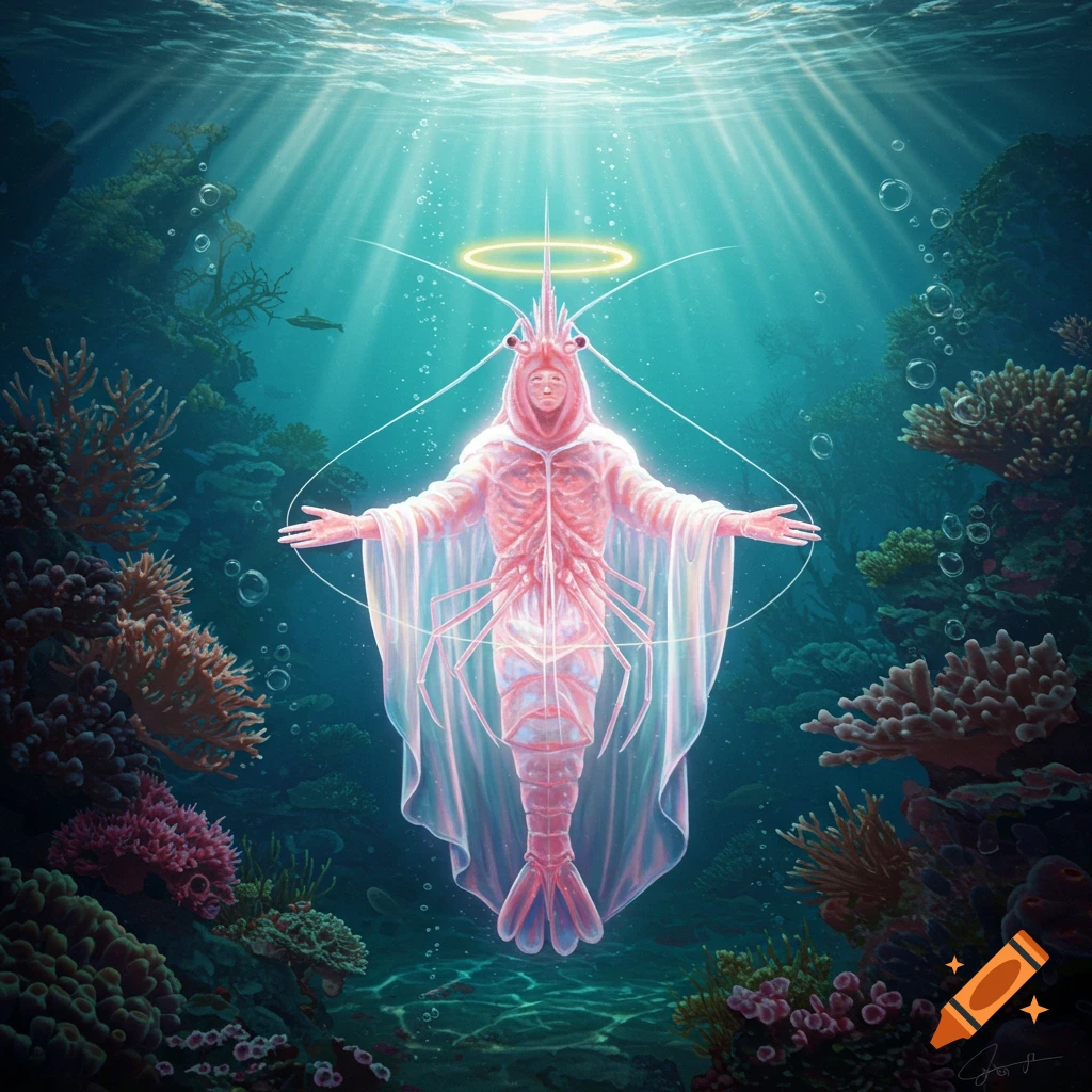 A surreal, glowing shrimp-like figure with a halo floats underwater in a vibrant coral reef with sunlight rays.