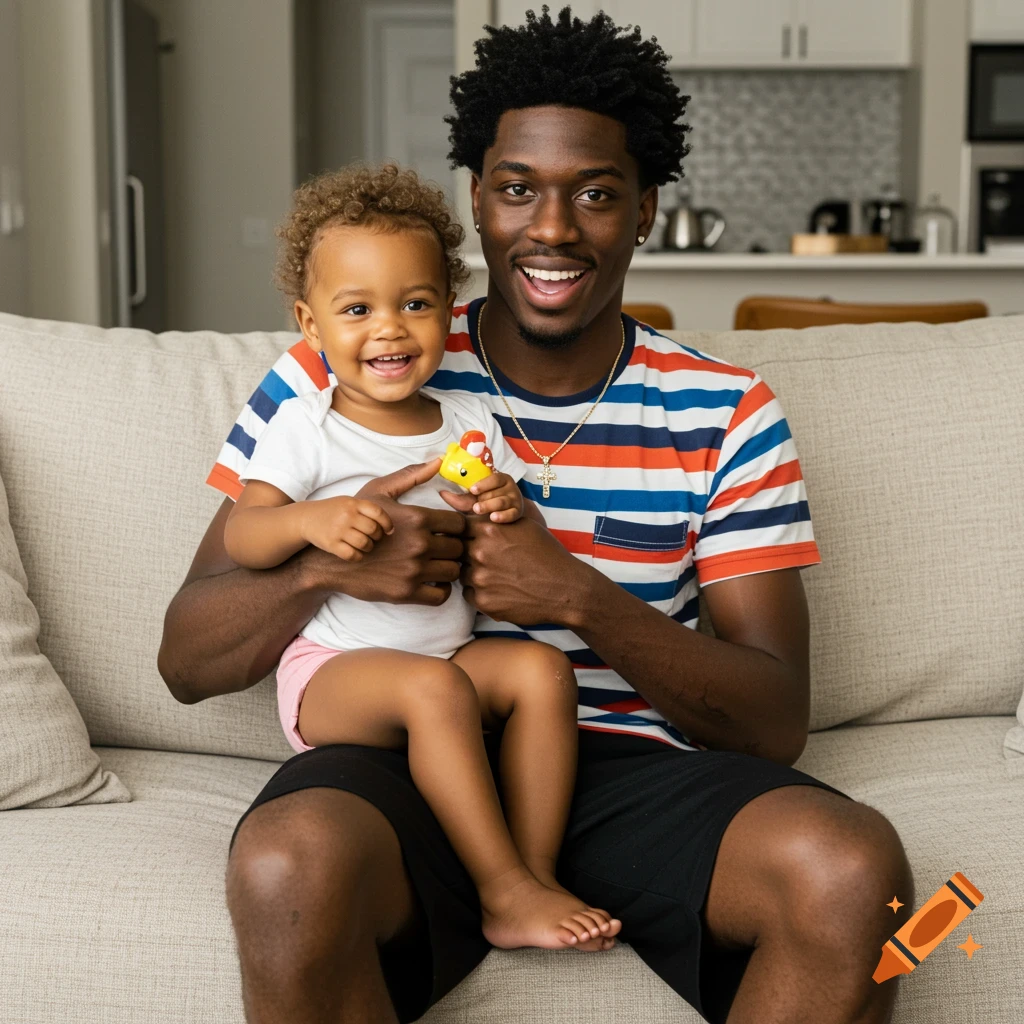 A smiling Black man in a striped shirt sits on a couch, holding a smiling baby with curly hair, both looking at the camera. Photorealistic.