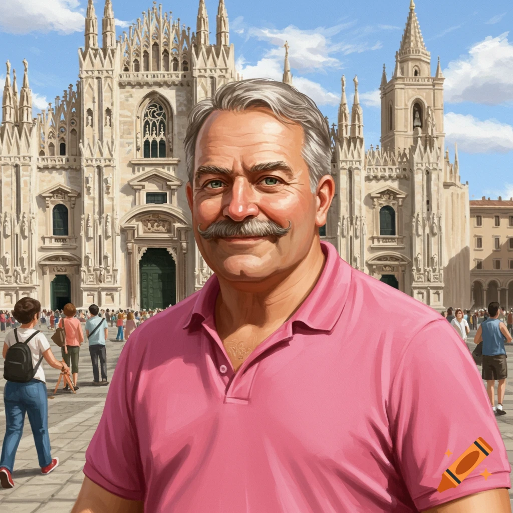 A smiling older man with a grey mustache and a pink polo shirt stands in front of a grand cathedral, with people in the background, in an illustrated style.