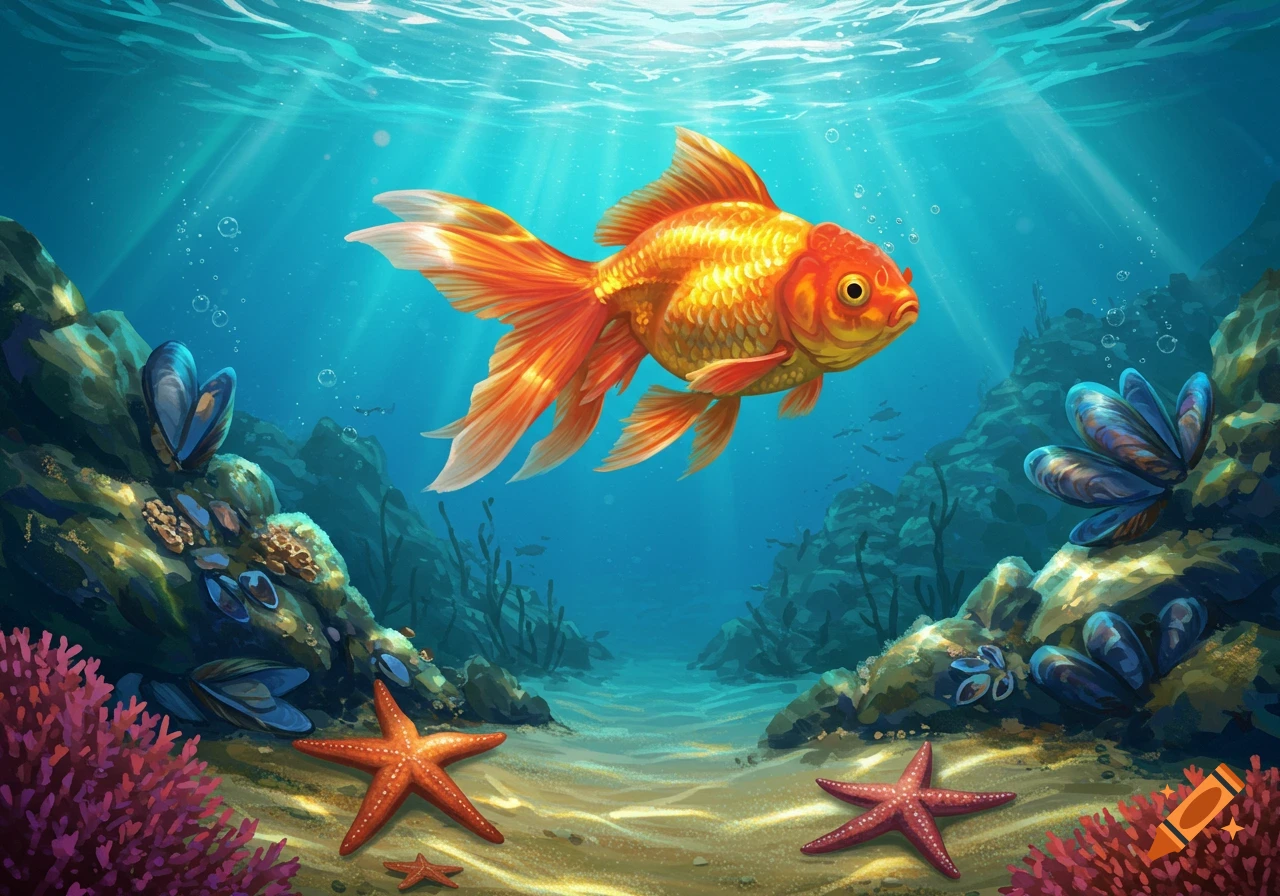 A vibrant illustration of a goldfish swimming in a sunlit underwater scene with coral, mussels, and starfish on the sandy bottom.