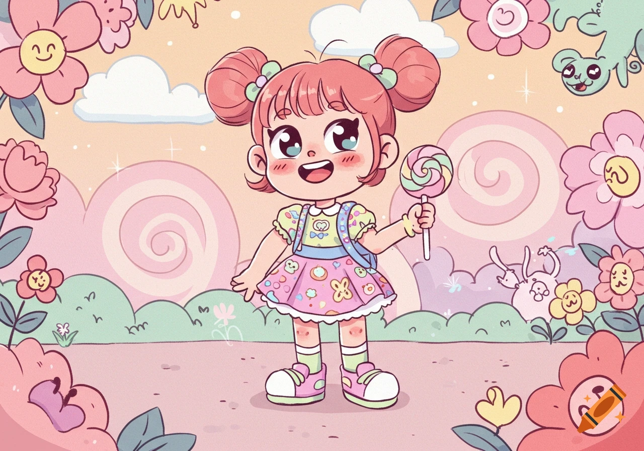 A cute cartoon girl with pigtails stands in a whimsical field of flowers, holding a colorful lollipop.