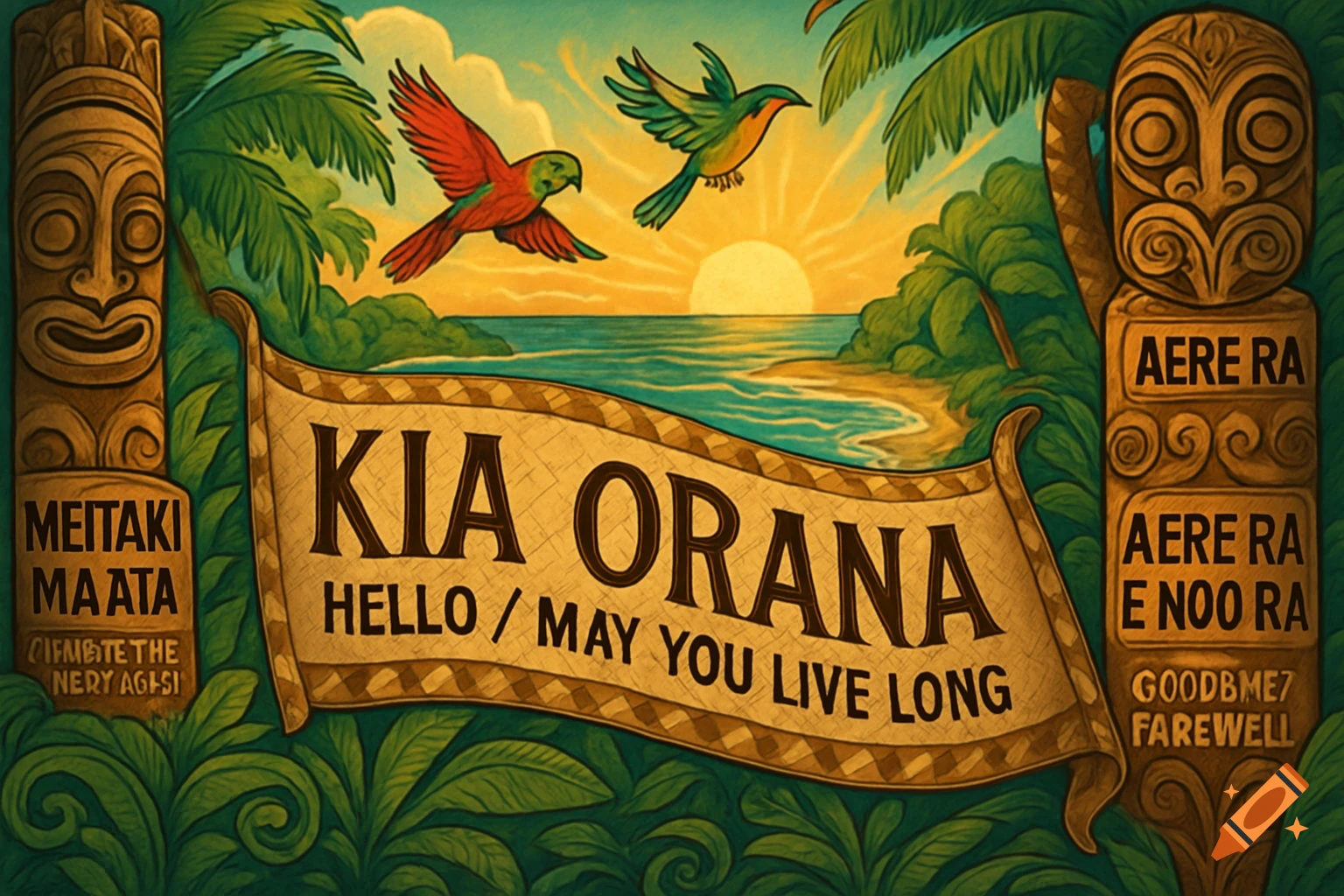 A vibrant illustration of a tropical beach at sunset with palm trees, two parrots, tiki statues, and a banner reading "KIA ORANA Hello / May you live long".