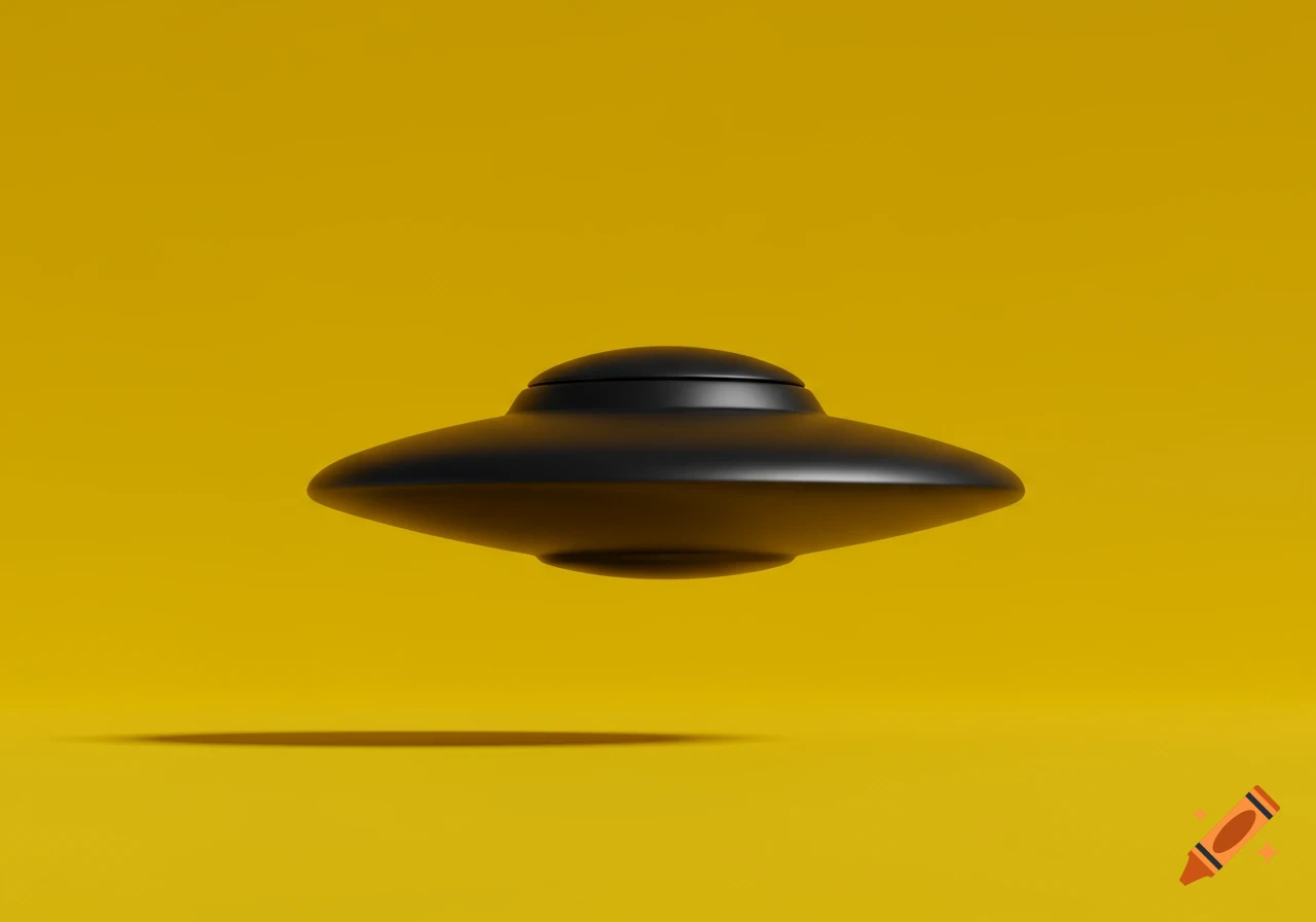 A minimalist 3D rendering of a black flying saucer against a plain yellow background, casting a shadow.