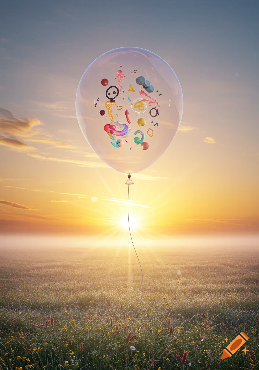 A transparent balloon filled with colorful abstract shapes and text-like symbols floats over a misty field during sunset.