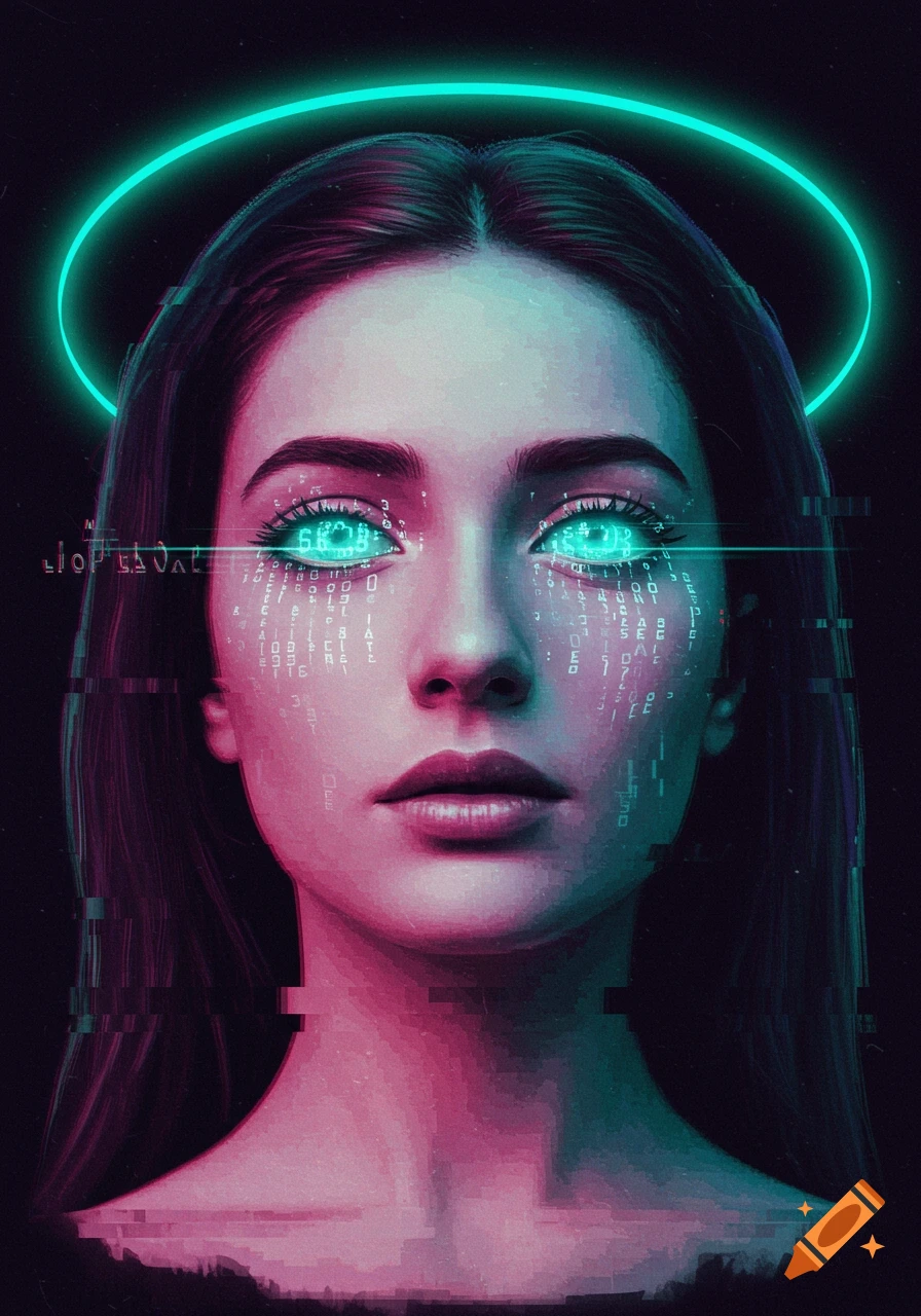 A stylized cyberpunk portrait of a woman with glowing blue eyes, digital code on her face, and a neon halo.