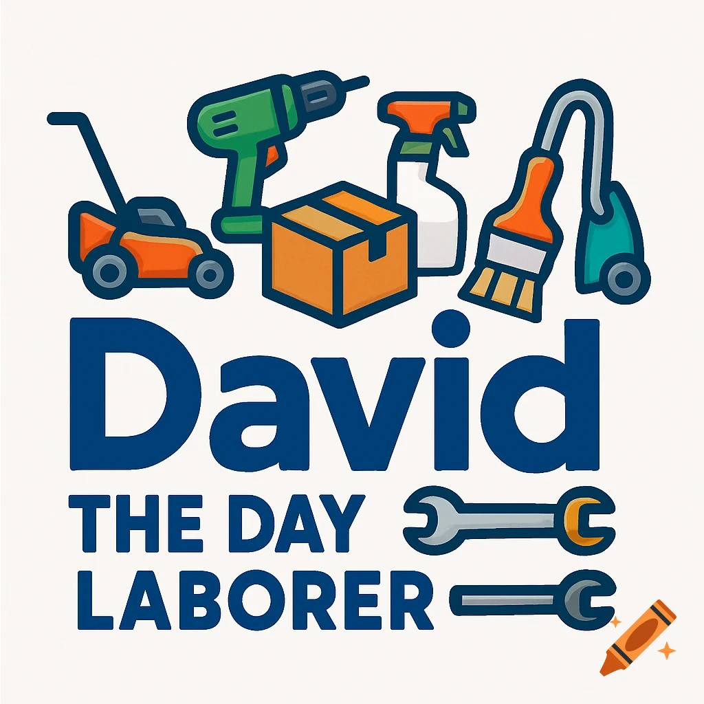 A logo with 'David The Day Laborer' in bold blue text, surrounded by cartoon icons of a lawnmower, drill, box, spray bottle, brush, vacuum, and wrenches.