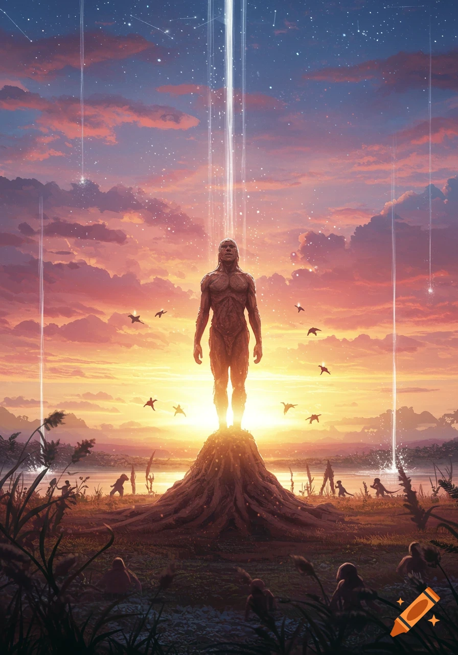 A muscular, human-like figure stands on a root mound, bathed in light from the sky, against a cosmic sunset with birds and small figures in a vast landscape.