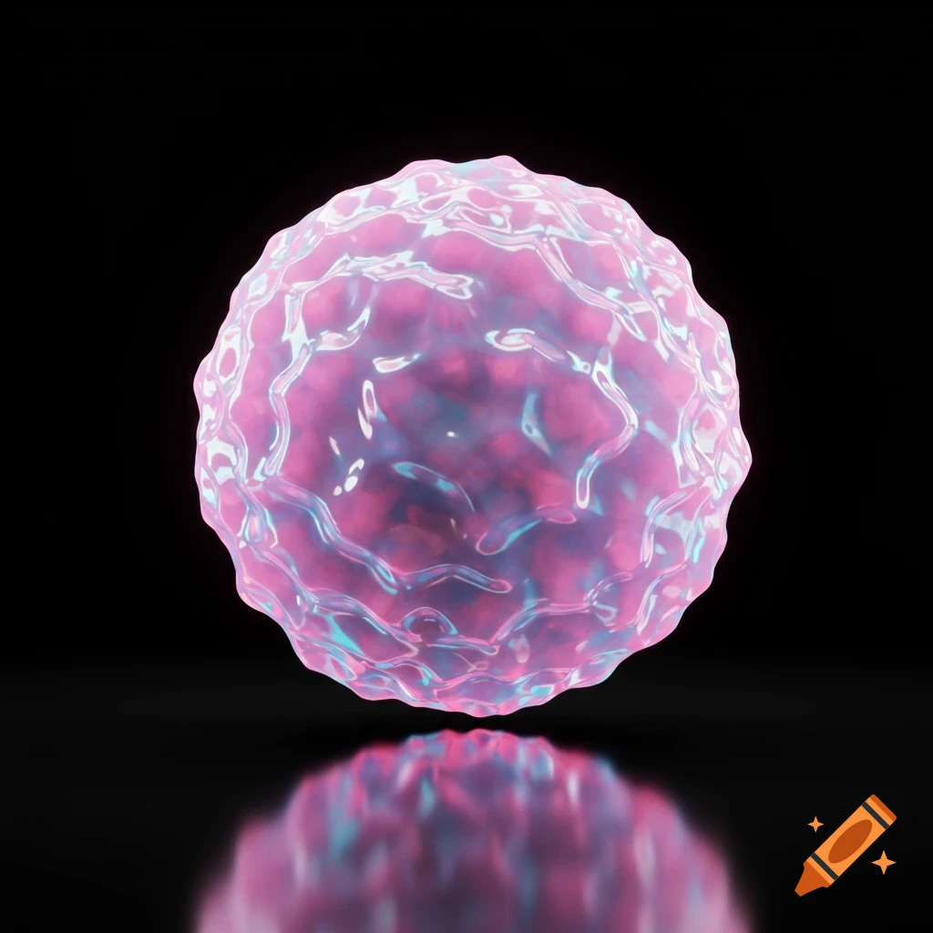 A glowing, textured, translucent pink and blue sphere reflecting on a black surface.