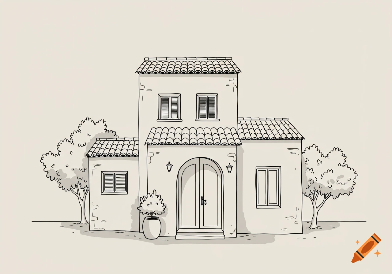 A simple line drawing illustration of a Mediterranean-style house with terracotta roof tiles, arched doorway, and small trees.