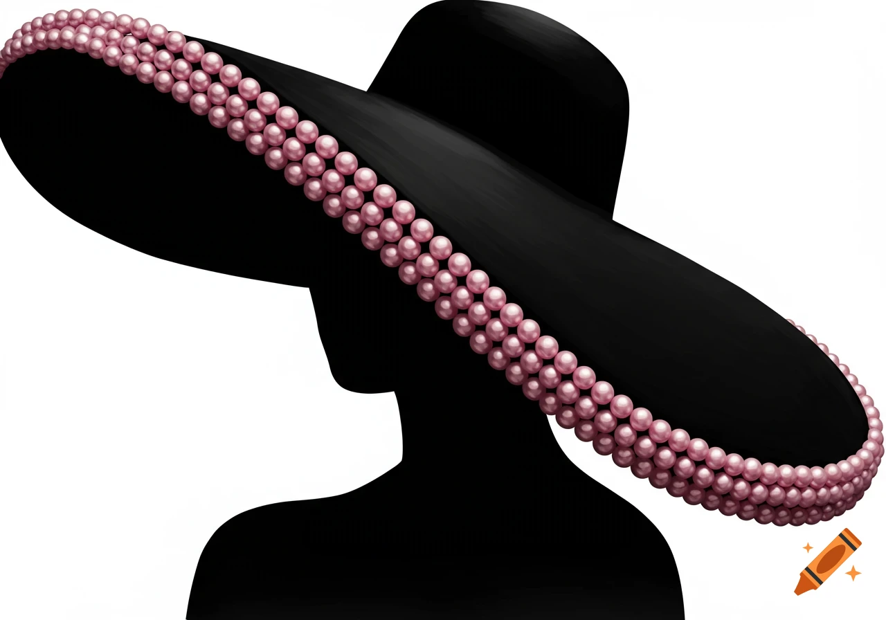 A black silhouette of a person wearing a large wide-brimmed hat adorned with three rows of pink pearls, against a white background.