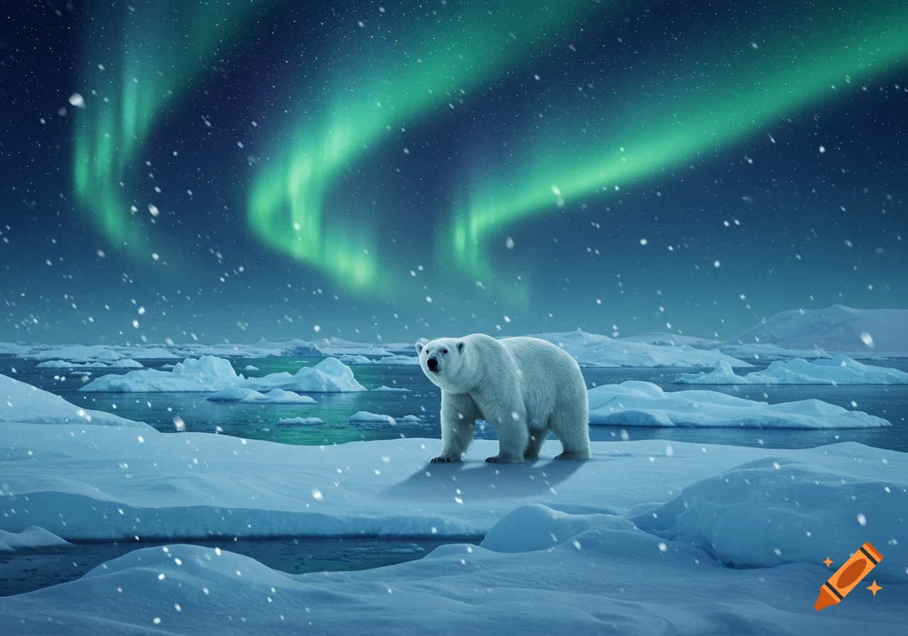 A photorealistic image of a polar bear standing on an icy landscape under a night sky lit by the green aurora borealis.