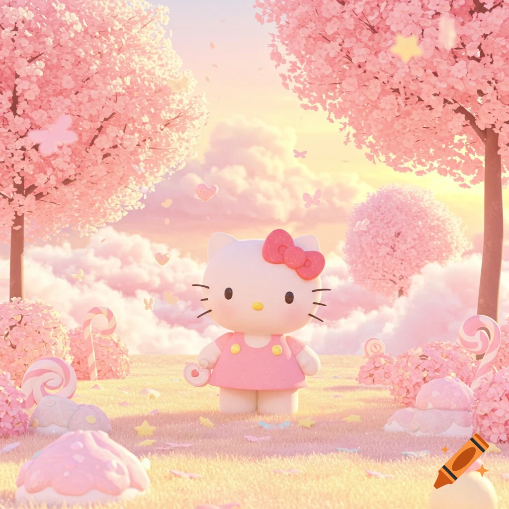 Hello Kitty stands in a dreamy pastel landscape with pink cherry blossom trees, fluffy clouds, and candy on the ground.