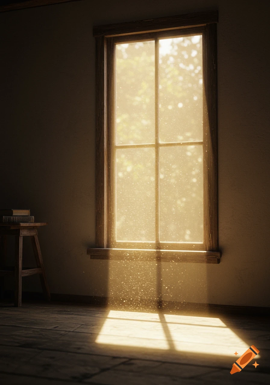 Warm sunlight streams through a tall wooden window into a dark room, illuminating dust particles.