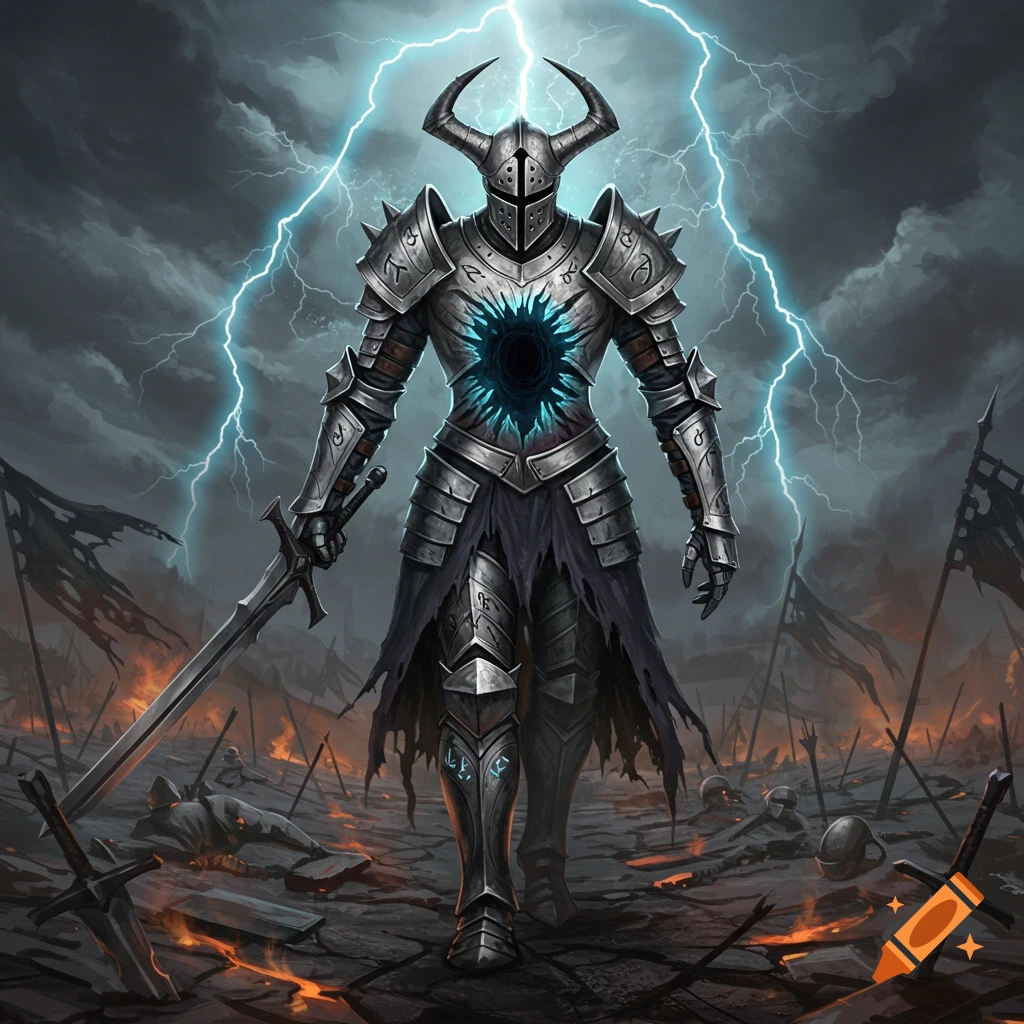 A horned knight with a glowing void in its chest stands armored on a fiery, lightning-lit battlefield among fallen foes.