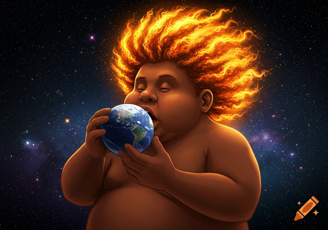 A stylized, chubby figure with fiery hair devours the Earth globe in a starry space scene.