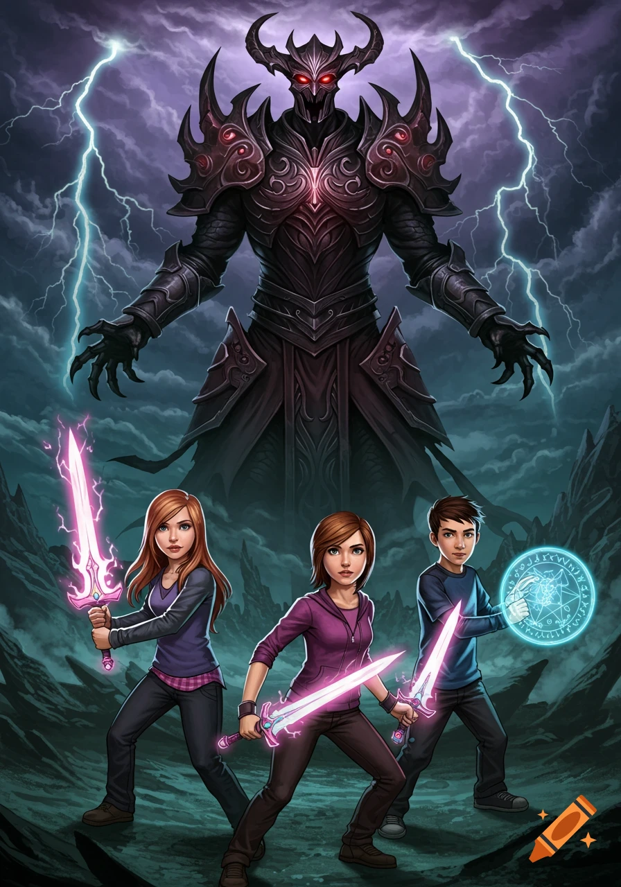A giant horned monster with glowing red eyes and black armor stands under a stormy sky with lightning, facing three young heroes with glowing swords and a magic circle. Digital art style.