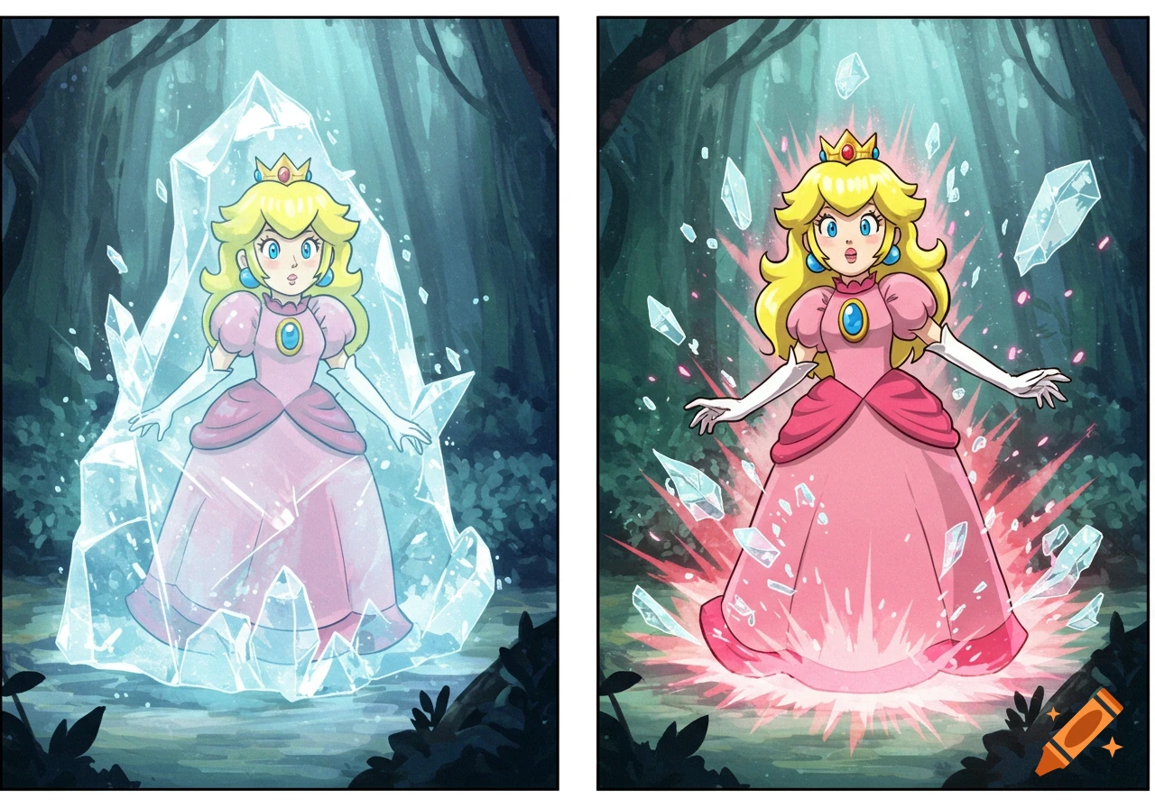 Comic art of Princess Peach, first frozen in ice in a forest, then breaking free with a powerful pink light.