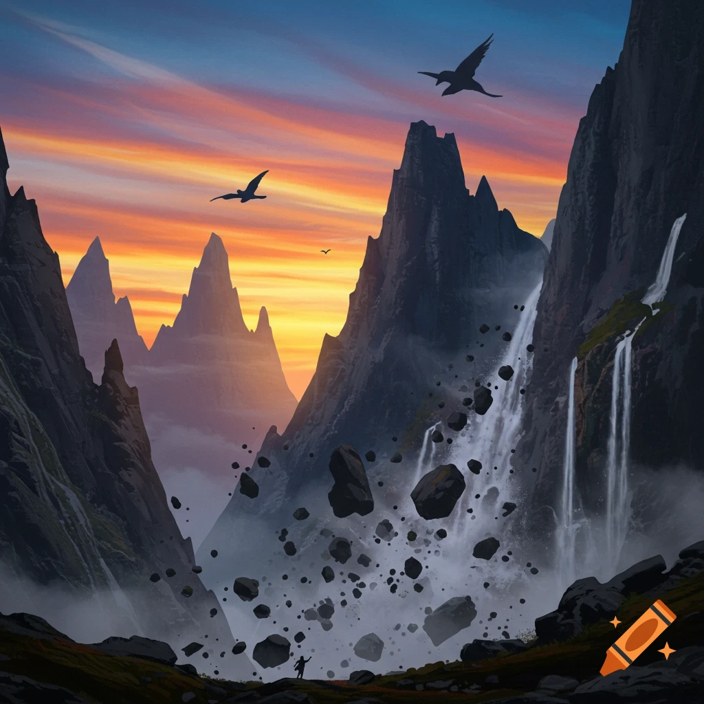 Digital painting of majestic, bird-like mountain peaks with a rockslide and misty waterfalls under a vibrant sunset sky. Birds fly overhead.