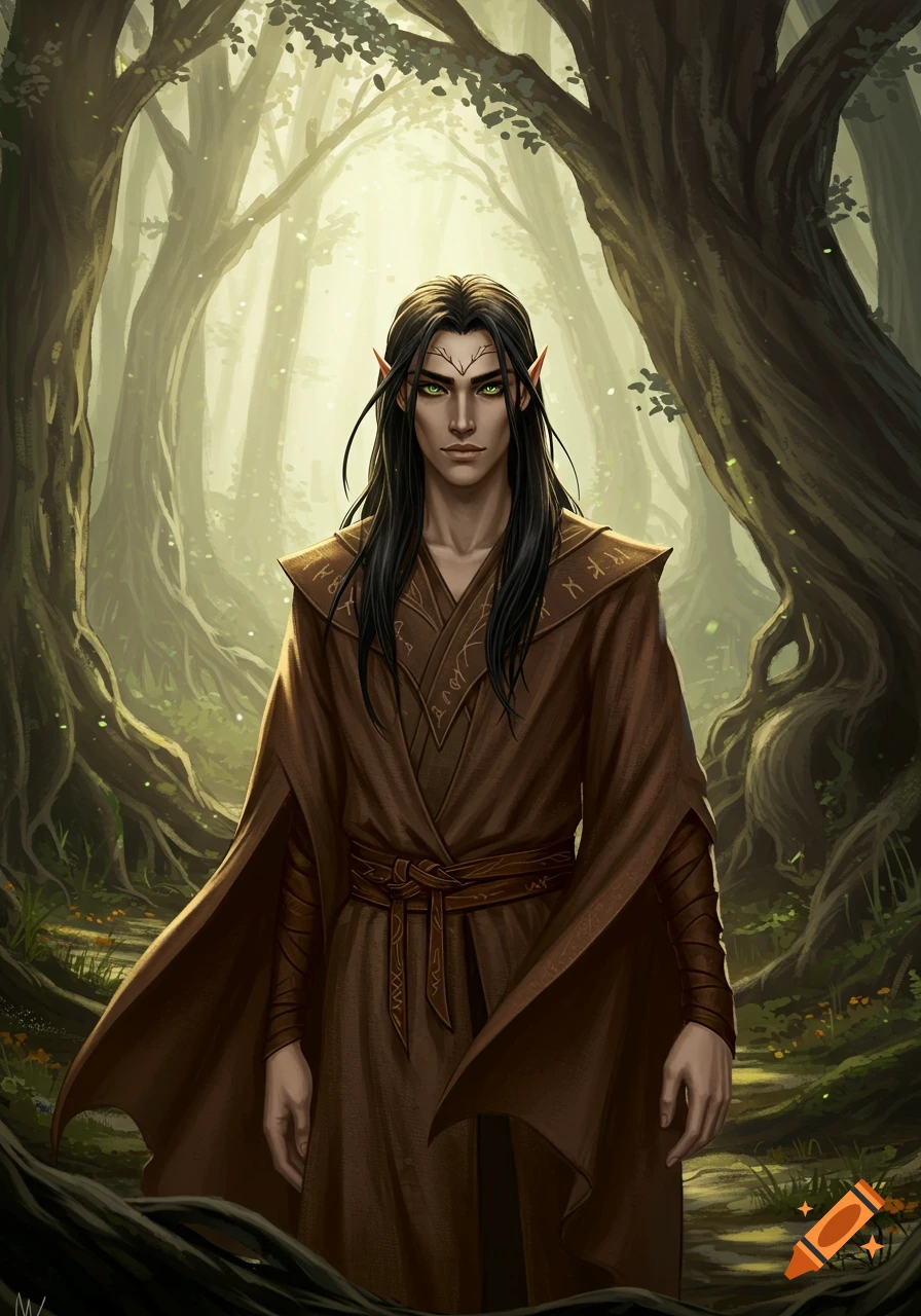 A dark-haired male elf with green eyes and pointy ears, wearing brown robes, stands in a mystical forest.