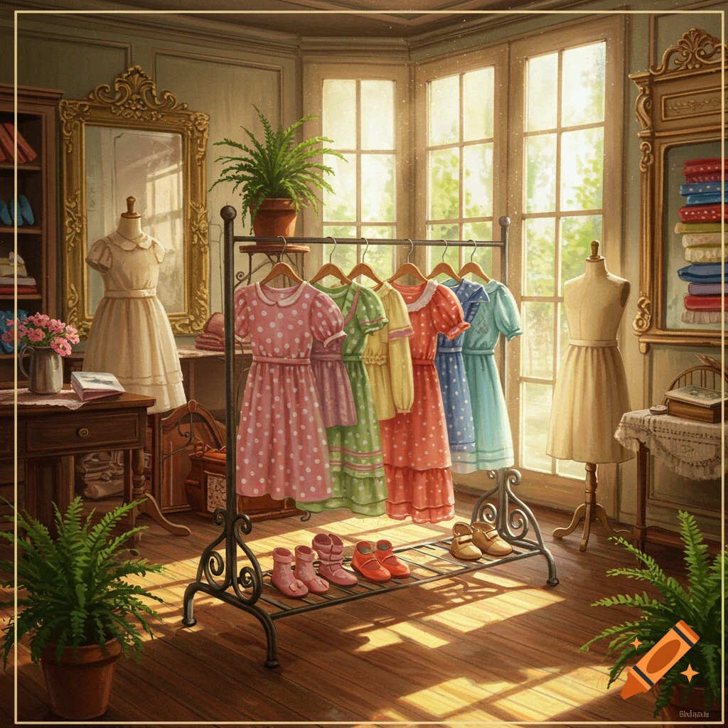 A sunlit vintage-style room filled with colorful polka dot dresses on a clothing rack, mannequins, and potted ferns.