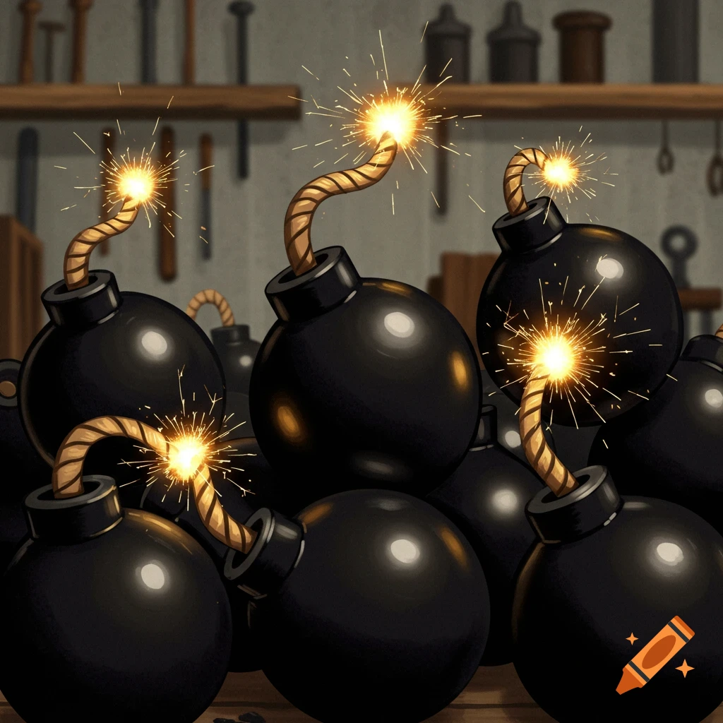 Stylized illustration of multiple old-fashioned black bombs with lit, sparking fuses in a dimly lit workshop.