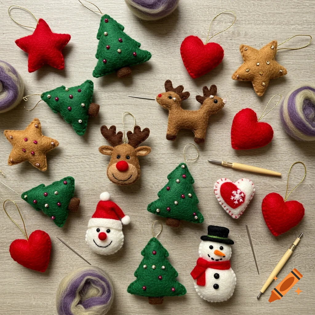 A flat lay photo of colorful felt Christmas ornaments, including stars, reindeer, snowmen, hearts, and Christmas trees, with felting tools and wool.