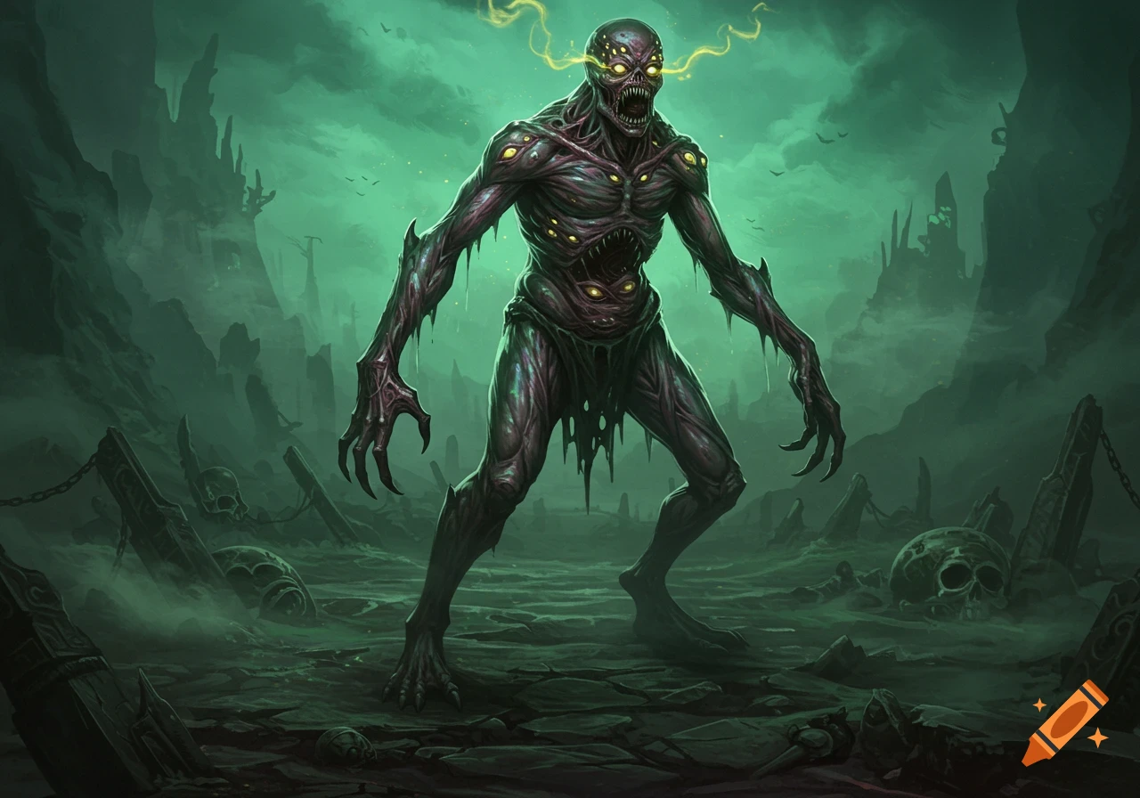 A horrifying, mutated monster with multiple eyes and mouths, glowing yellow eyes, and sharp claws, stands in a desolate, green-tinted landscape with skulls and ruins.