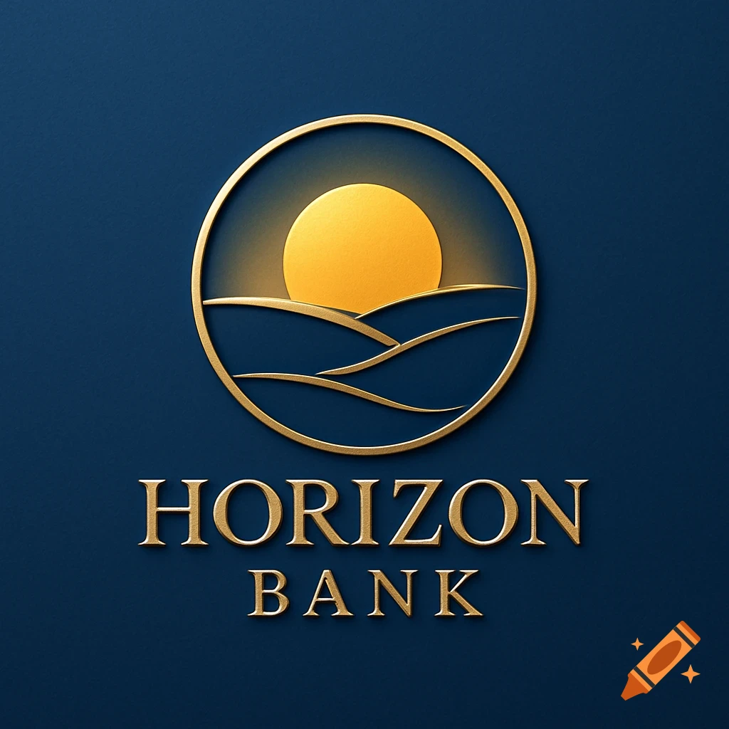 Gold Horizon Bank logo with a setting sun over stylized waves on a deep blue background, embossed effect.
